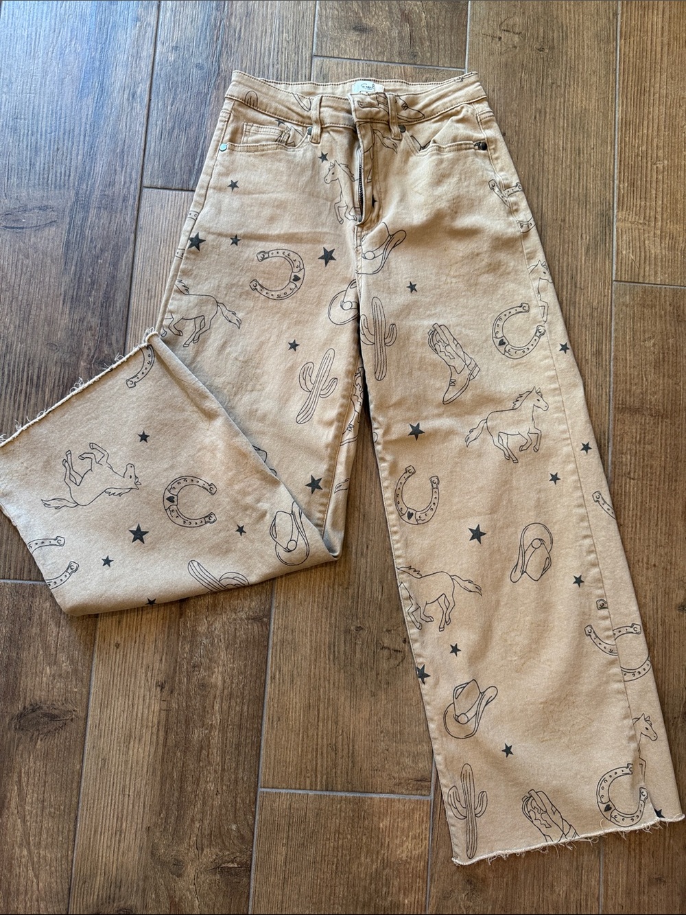 Easel Los Angeles Tan Jeans with Subtle Black & Gold Print